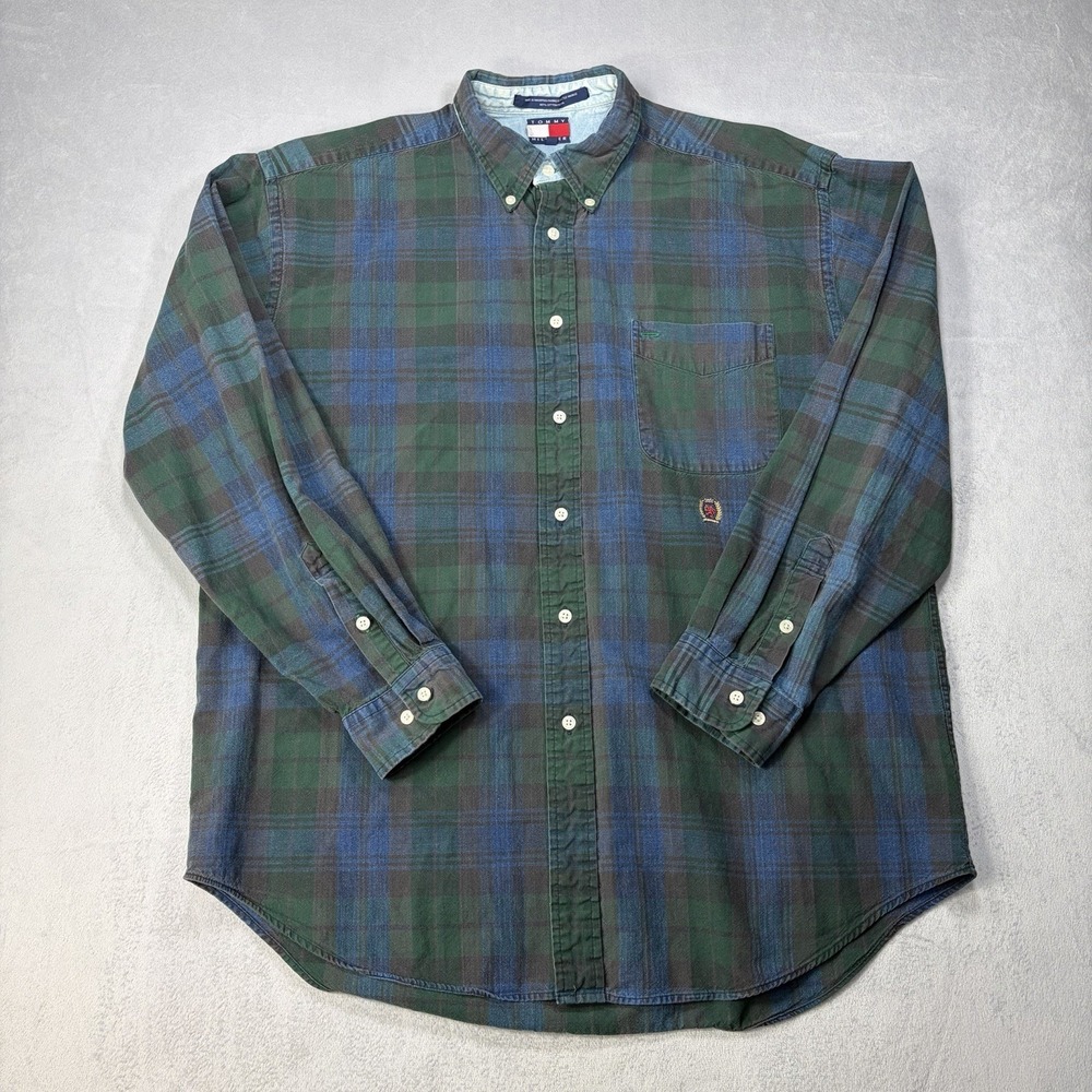 Vintage Tommy Hilfiger Shirt Mens Size Large Green Long Sleeve Button Up